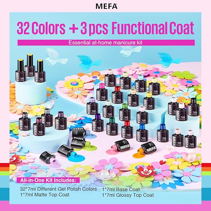 MEFA 35 Pcs Neon Gel Nail Polish Set, 32 Colors Summer Bright Gel Polish Set with Matte/Glossy Base Top Coat Pink Collection Nail Art Manicure DIY Salon Home Decoration Beginners Gifts for Women