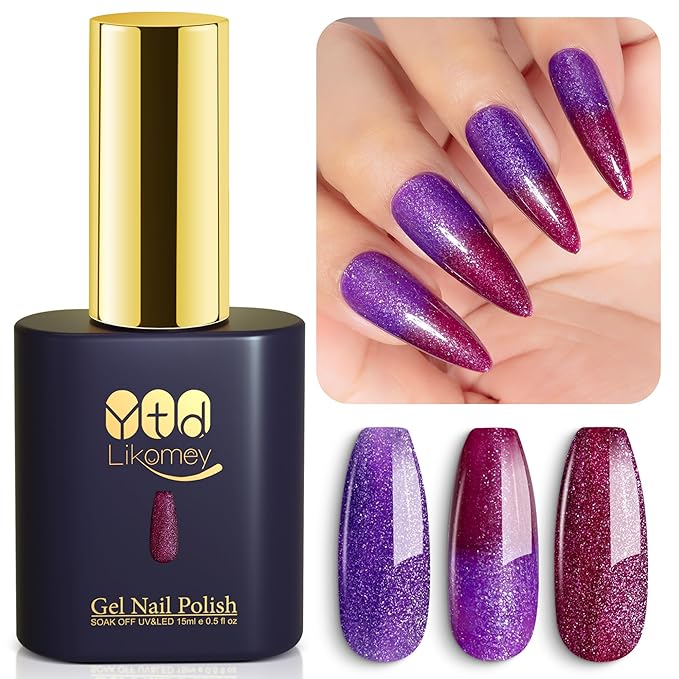 YTD Likomey Color Changing Gel Nail Polish,15ml Purple To Dark Wine Red Glitter Mood Temperature Change Colors Fall Winter Thermal Manicure UV Nail Gel,HEMA Free WB503