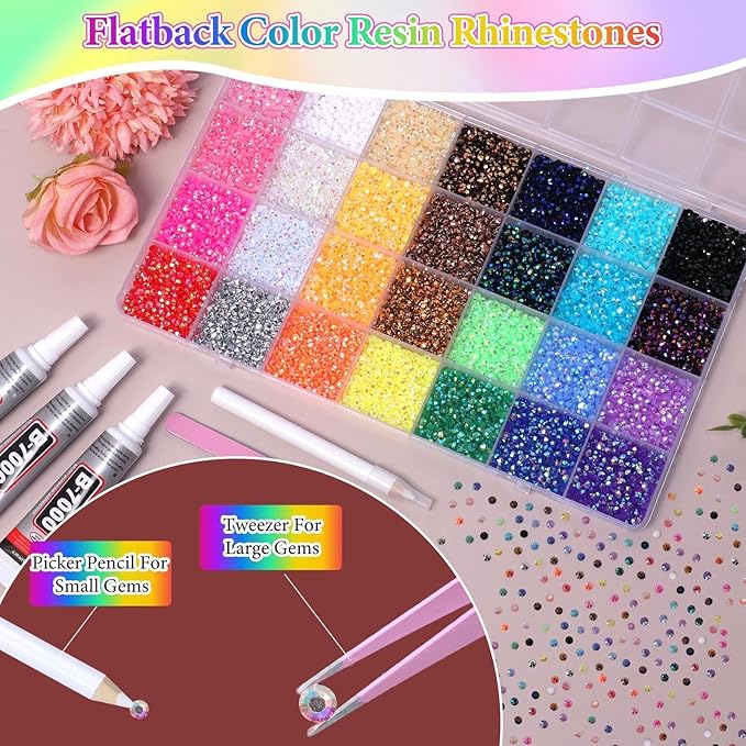 32000Pcs Rhinestones Bedazzling Kit with Tools, 3mm Color Resin Rhinestones for Bedazzling, Flatback Resin Gems for Crafts, Bedazzler Kit for Clothing Shoes DIY Face Makeup Tumblers