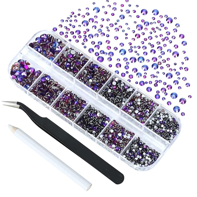 4240Pcs Purple Velvet Flatback Rhinestones 6 Sizes Crystal Diamonds for Nail Art Crafts Clothes Shoes with Tweezers and Picking Pen