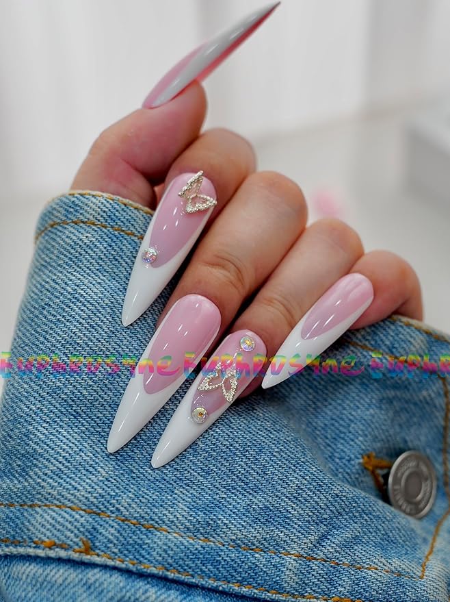 Press On Coffin Nails – 10PCS Long Pink French Tip Nails with Butterfly Rhinestones, Glossy Reusable Fake Nails for Women and Girls – Euphrosyne
