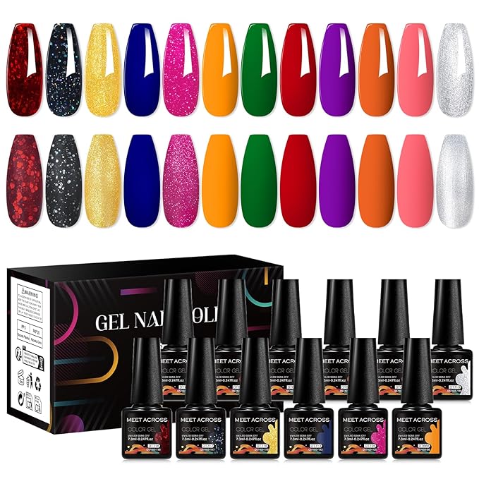 MEET ACROSS 12pcs Gel Nail Polish Set,Soak Off UV LED Lamp Gel Nail Polish Kit,Fashion Shimmer Nail Art Design Gifts for Women Manicure Salon (Base Series)