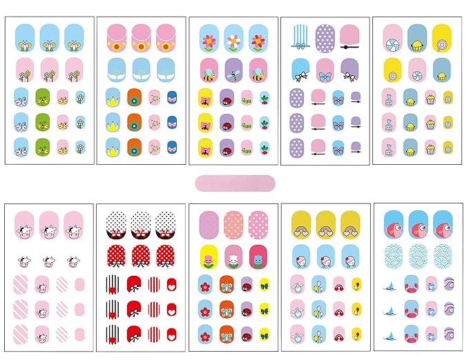 Kids Nail Stickers Full Nail Wraps Self Adhesive Nail Polish Strips for Kids Girls Nail Art Decoration Fun Including Flowers Butterflies Cows Recommend for Age 8 and Older (Pack of 10)