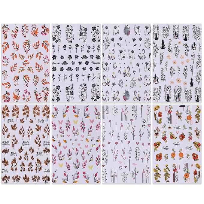 8 Sheets Fall Leaves Nail Stickers - Autumn Orange & Black Flowers Self-Adhesive 3D Nail Decals for Women Girls DIY Thanksgiving Day Floral Manicure
