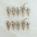 [GLORS] Luxury Press-On Nails, Nude False Nails with Rhinestones and Pearl Chain in Long Stiletto, 10 Pieces (M, LS)