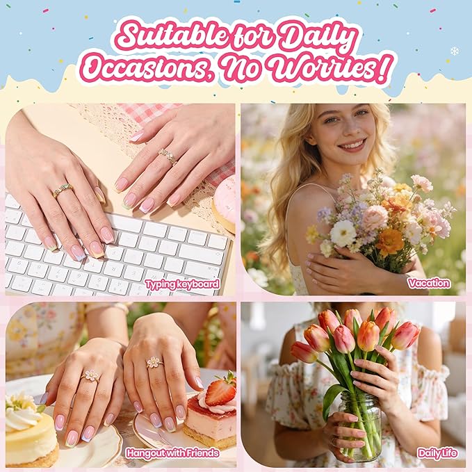 Beetles French Tips Press On Nails, Pastel Spring Nails Short Square 6 Colors 192 Pcs, Spring Fake Nail Tips,Pink Blue Green Soft Gel Nails False Nails Art DIY For Women