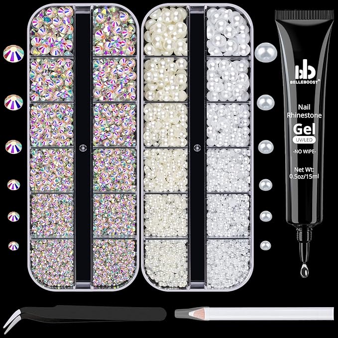 BELLEBOOST Nail Art Rhinestone Glue Gel&2 Boxes Flatback Gems Kit, 1 Tube of 15ml Rhinestone Gel Glue(UV/LED Needed)+Round AB Gems+Flat-Back Half Round White&Beige Pearls with Pickup Tools