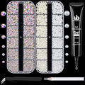 BELLEBOOST Nail Art Rhinestone Glue Gel&2 Boxes Flatback Gems Kit, 1 Tube of 15ml Rhinestone Gel Glue(UV/LED Needed)+Round AB Gems+Flat-Back Half Round White&Beige Pearls with Pickup Tools
