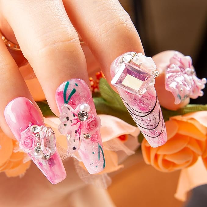 LOVFUL Press on Nails Victorian's Dreams | Handmade with Full Covered Crystals | Reusable Full Cover Nails | Coffin Classic Regular 1.3 in | H462-L