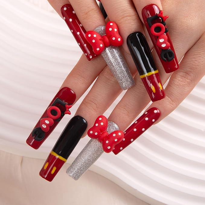 LOVFUL Press on Nails Bowtique| Handmade with Full Covered Crystals| Reusable Fake Nails| Square Mid length 1.7in| H202-M