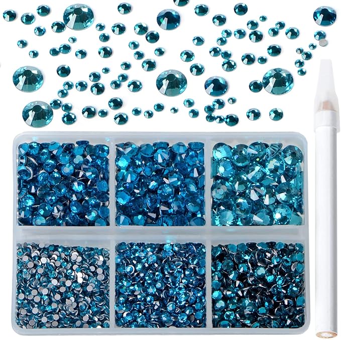 Bymitel 5000 Pieces 6 Mixed Sizes Glue Fix on Glass Rhinestones Round Crystal Gems Flatback for DIY Jewelry Making with one Picking Pen (6-Sizes 5000PCS, Blue Zircon)