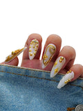 Euphrosyne 10pcs Long Oval Gold and White Press On Nails – Fake Nails with Stars, Hearts & Rhinestones | Glam Stick-On Nails for Christmas, New Year or Party Wear