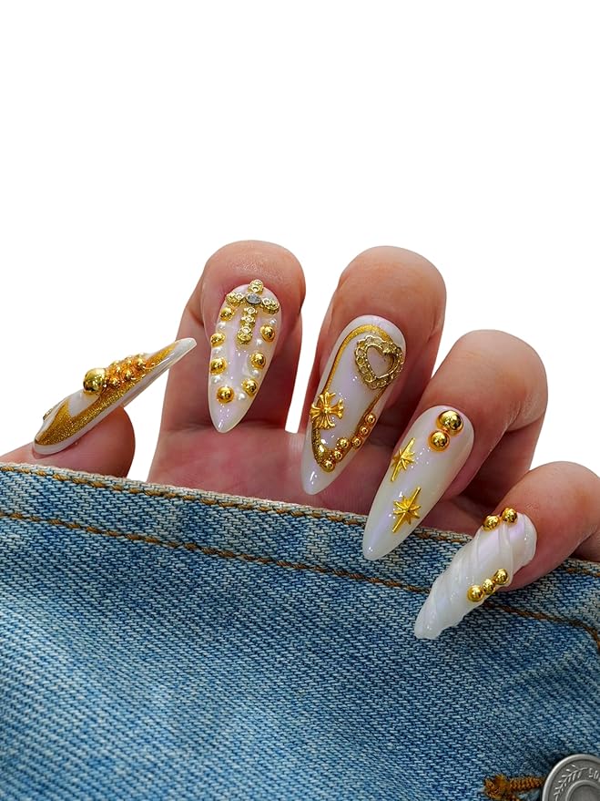 Euphrosyne 10pcs Long Oval Gold and White Press On Nails – Fake Nails with Stars, Hearts & Rhinestones | Glam Stick-On Nails for Christmas, New Year or Party Wear