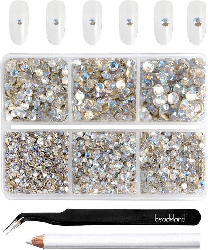Beadsland 4300pcs Flatback Rhinestones,Glass Rhinestones Nail Gems Round Crystal Rhinestones for Crafts,Mixed 6 Sizes with Picking Tweezers and Wax Pencil Kit, SS6-SS20,Blue Moonlight