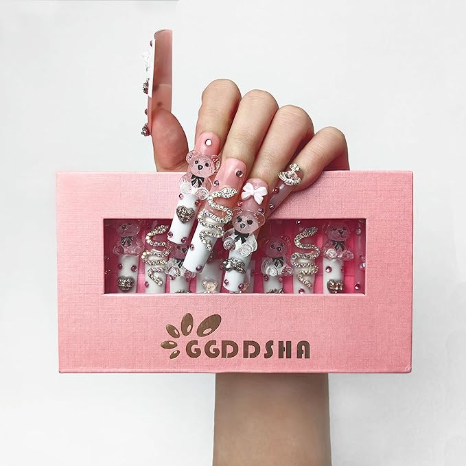 2025 Long Pmma Acrylic Handmade Nail Design Novelty with Rhinestone Bear Love Snake Design Glossy Nail, Reusable Nail Set with Box Gift for Women (White-pink, L)