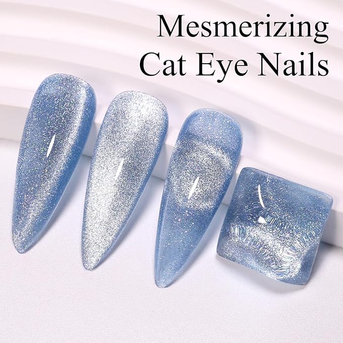 Imtiti Cat Eye Gel Nail Polish, 15ML Blue Holographic Glitter Cat Eye Gel Polish with Magnet UV LED Magnetic Gel Nail Polish Crystal Galaxy Sparkly Home DIY Manicure Nail Salon Kit