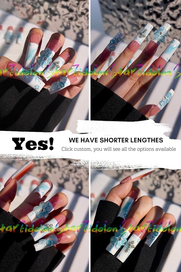 HAND-PAINTED White Press Ons Neon Small Press on Nails Long French Press on Nails Coffin Medium Short Nail art Fake Nail Art Kit with 7g Glue on Nails Handmade Almond Square Nails (TJ-8, Small)