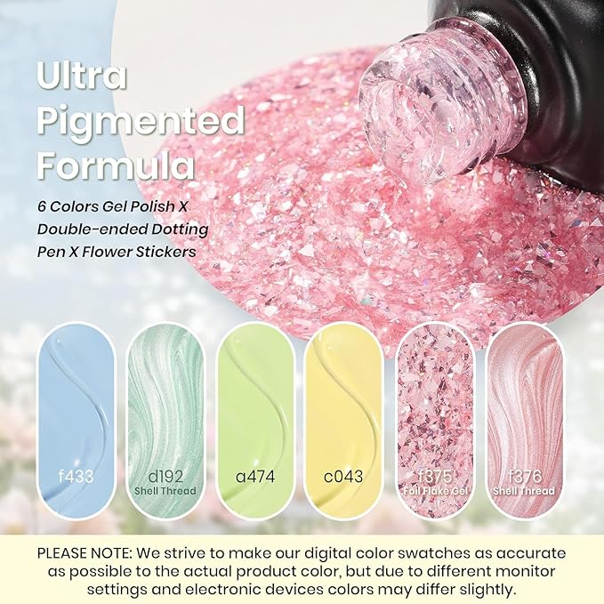 Beetles Spring Gel Nail Polish Set - 6 Colors Pastel Scenery By the Lake Soak Off UV LED Gel Polish Pink Green Yellow Drawing Swirl Shell Thread Effect Nails DIY Manicure Easter Gifts for Women