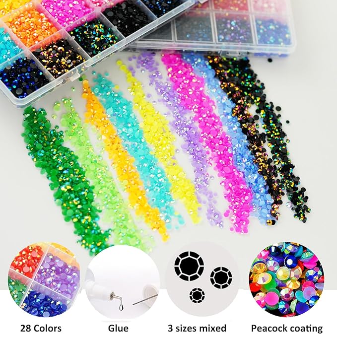 22000PCS Resin Rhinestones for Crafting, 28 Multicolor Mixed 3mm 4mm 5mm Non-Hotfix Stones, Bulk Colorful Jelly AB Bedazzling Gems with B7000 Glue for DIY Crafts for DIY Art