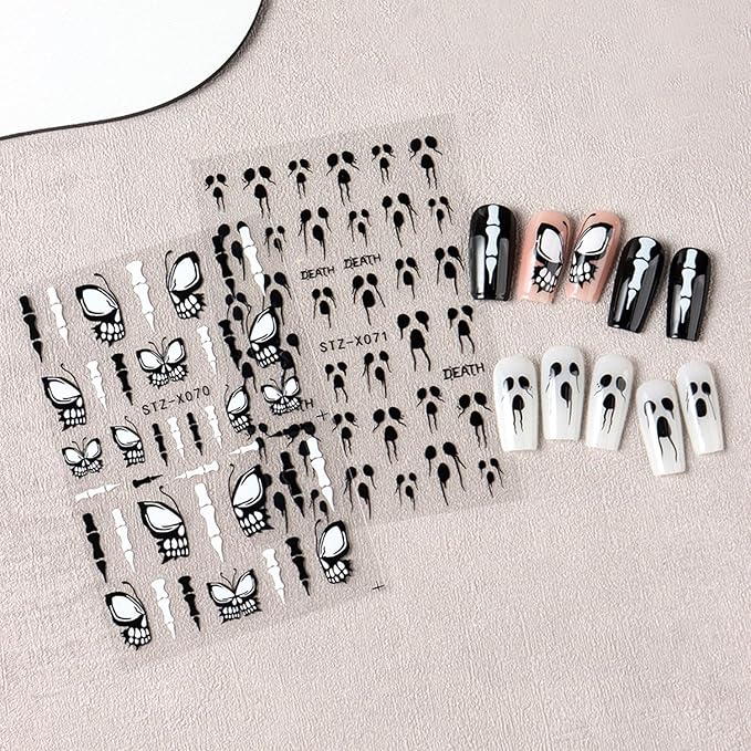 8 Sheets Black Halloween Nail Art Stickers Decals Spider Web Nails Sticker with Rhinestones Design Skeleton Blood Drop French Tip Nails Decals Self-Adhesive Butterfly Nail Art Decal Halloween Decor
