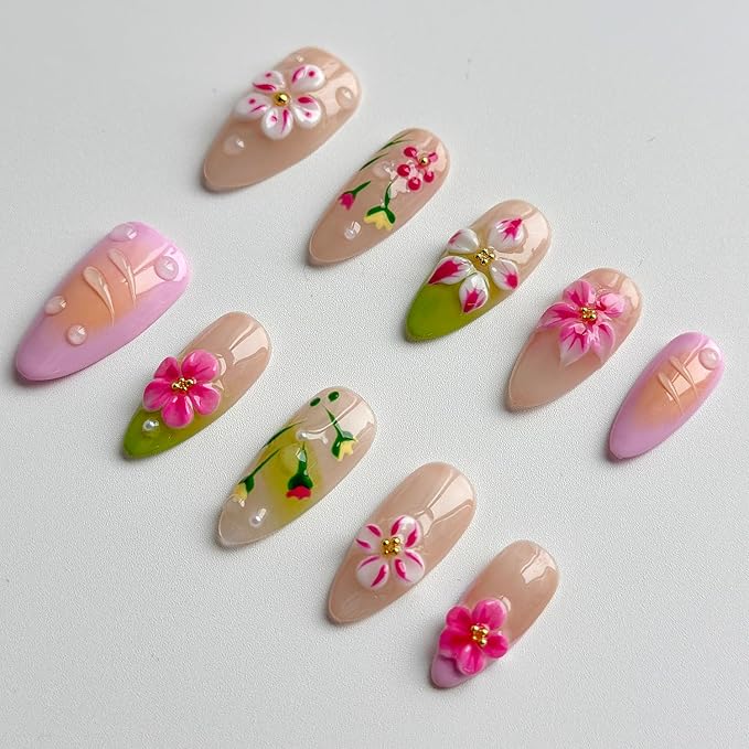 Luxury Press on Nails Medium Almond Handmade 3D Unique Reusable ABS Material Fake Nails French Tip False Nails with Designs Pink Flower Water Ripple Glossy Glue on Nail Thick Acrylic Nail(S)