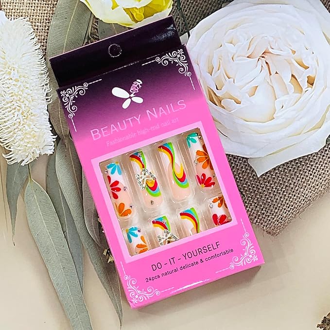 Press on Nails Coffin Long Length Acrylic Glossy Full Cover Square Shaped French False Nails with Designs Artificial Extra Long Fake Nails with Charms Glue ons Fingernails for Women(XXS289)