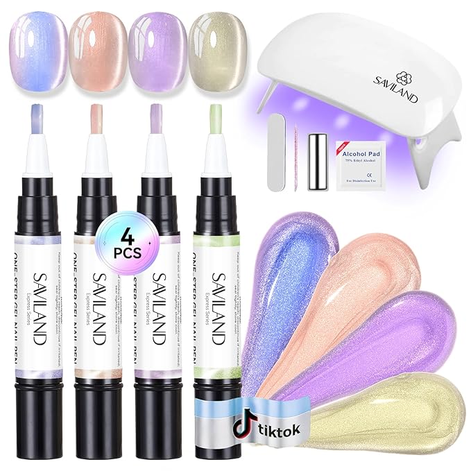 SAVILAND Express One-Step Gel Nail Polish Pens Set with U V Light: 4 Colors Cat Eye 3-in-1 Gel Polish Pen Kit Base & Color & Top in One Pen Fast Curing Polarized Cateye Nail Art Beginner Travel 4ml