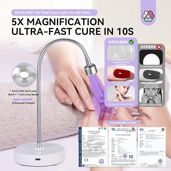 SAVILAND Gooseneck UV Light for Gel Nails: Touch Switch 12W U VNail Lamp 5S Quick Drying LED Flash Cure Lamp Rechargeable Gel Flash Cure Light 3 Timers Setting 360° Adjustable Home Salon Manicure