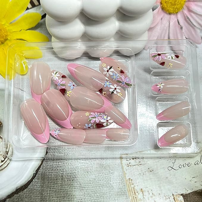 Flowers Press on Nails Medium Almond Fake Nails with Multicolor Floral Strawberry Designs Pink French Tip False Nail Glossy Full Cover Spring Summer Stick on Nail for Women 24Pcs