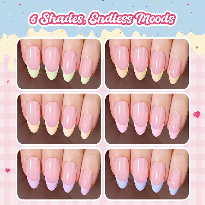 Beetles French Tips Press On Nails, Pastel Spring Nails Medium Almond 6 Colors 192 Pcs, Spring Fake Nail Tips, Pink Blue Green Soft Gel Nails False Nails Art DIY For Women