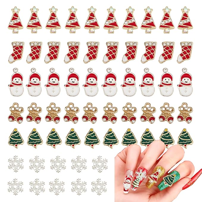 NICENEEDED 60 Pcs Christmas Nail Charms, Santa Claus Snowman Snowflake Nail Art Decorations, Rhinestones Bell Xmas Tree Nail Art Jewels Nail Gems for Nail Art Design DIY Crafting Christmas Party