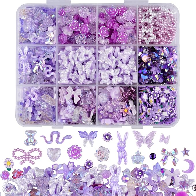 850 Pieces 3D Butterfly Rose Flower Bow Rabbit Bear Nail Charms Kit with Nail Art Rhinestones Pearls Crystal Gems Nail Slices for Manicure DIY Crafts Jewelry Accessories (Purple)