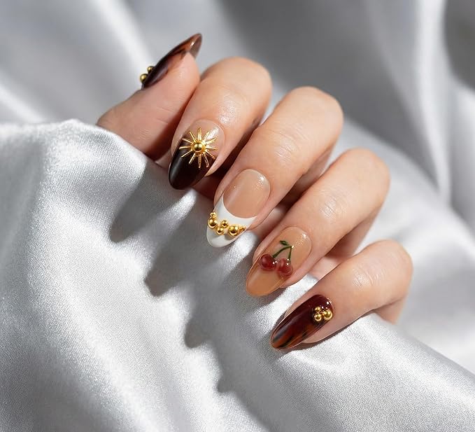 Almond Press on Nails Medium Fake Nails Red Artificial Nail Seeneey Cherry Gold Charm Designs Brown Stick on Nail for Women 24pcs