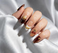 Almond Press on Nails Medium Fake Nails Red Artificial Nail Seeneey Cherry Gold Charm Designs Brown Stick on Nail for Women 24pcs