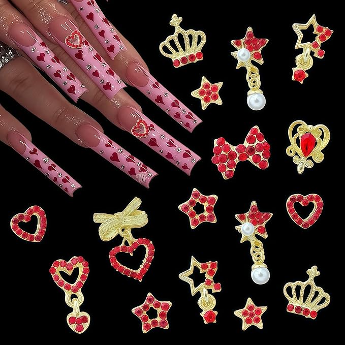 60PCS Nail Charms and Gems Red Rhinestones for Nails Design，3D Heart Star Crown Bow Y2k Nail Jewels Bulk Nail Art Decor Set