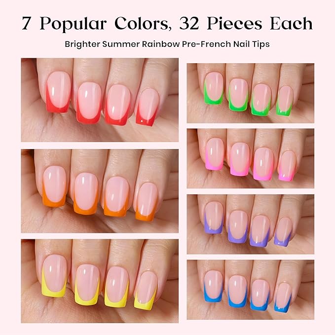 Beetles Summer Press On Nails 224 Pcs 7 Colors, French Tip Nails Short Squoval Classic Fake Nail Tips, Rainbow Soft Gel Nails False Nails Art DIY For Women