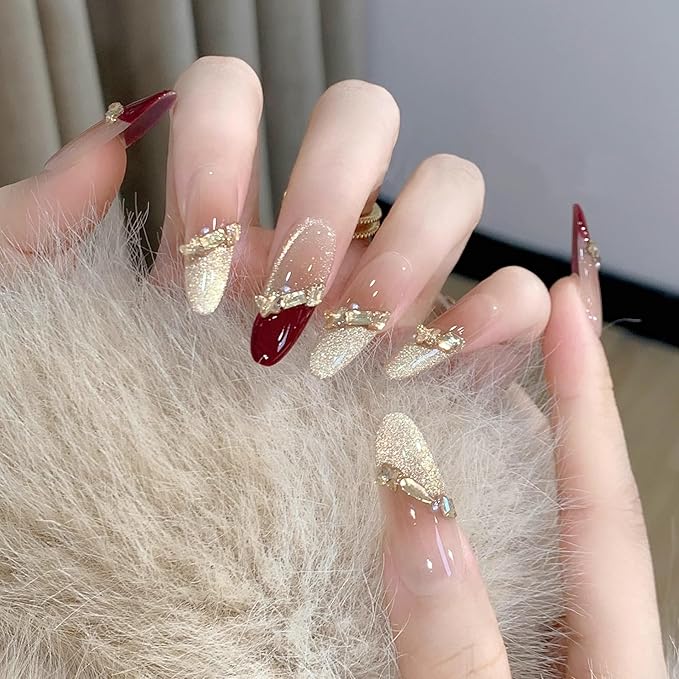 Press on Nails, Red Cat Eye False Nails with Gold Glitter, long stiletto Shape, 10 Pieces (XS, LS)