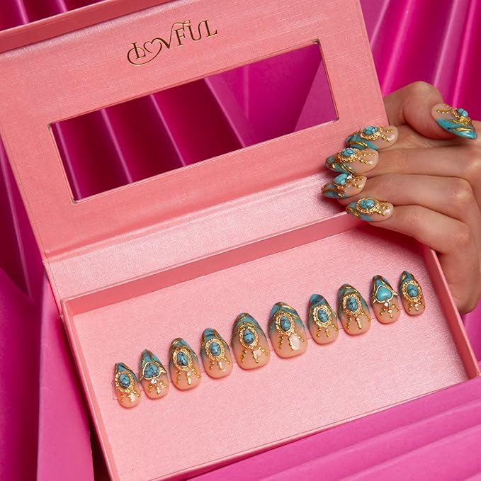 LOVFUL Press on Nails Turquoise Blue French Tip | Handmade with Full Covered Crystals | Reusable Fake Nails | Almond Regular 1.0 in | H122-S