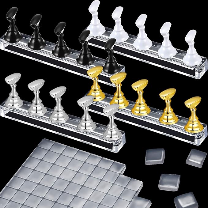4 Set Nail Tips Holders Magnetic Acrylic Nail Practice Stands Fingernail Display Stands Manicure Training Holder and 126 Pieces Clear Reusable Sticky Clay Adhesive Putty (Gold, Silver, Black, White)