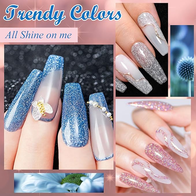 Reflective Glitter Gel Polish 12 Pcs, Flash Dimond Black Gold Silver Nail Polish Sparkly Shiny Nail Art UV LED Curing Need Nail Gel for Manicure DIY and Salon 7ML