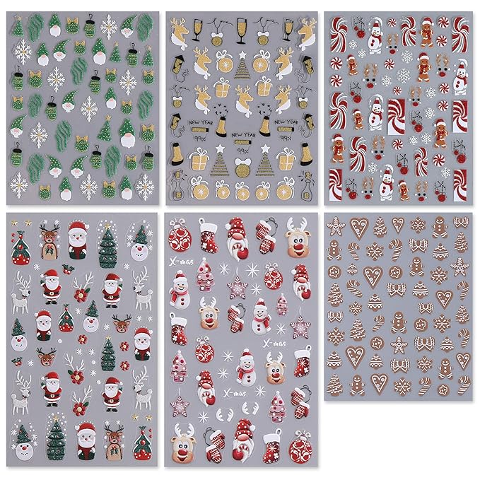Christmas Nail Art Stickers, Self-Adhesive Green Santa Hat Snowflake Elk Xmas Tree Design for Holiday Nail Decals, Pegatinas Uñas Navidad DIY Decorations (6 Sheets)