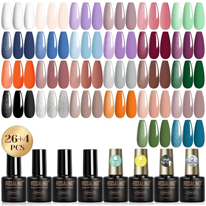 ROSALIND 30PCS Gel Nail Polish Set with Base Glossy Matte and Glitter Top Coat Gel Polish, Wite Blue Green Gel Nail Set Soak Off Gel Polish Set