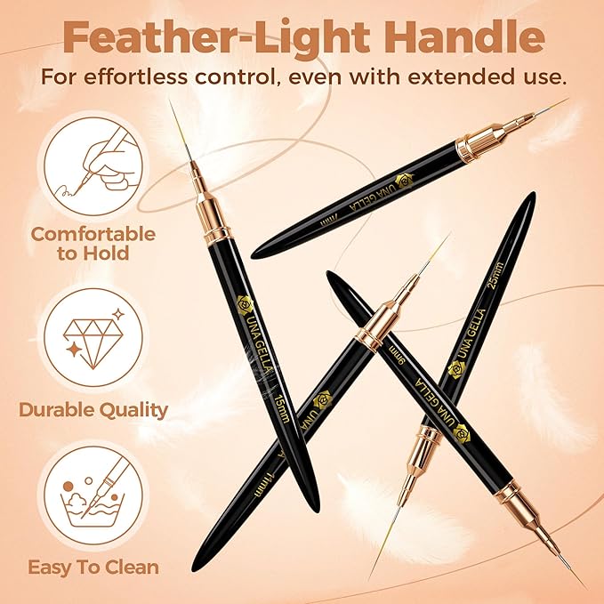 UNA GELLA Metallic Nail Art Brushes, Liner Pens Set 5Pcs For Nail Art Gel Polish - Thin Detail Nail Art Design Painting Brush Set For Nails Gel Fine Drawing Nail Tools Sizes 7/9/11/15/25mm