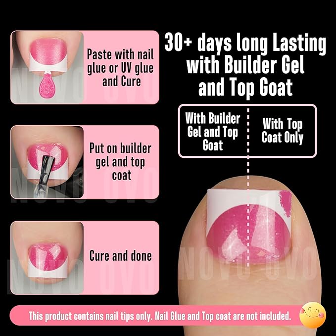 NOVO OVO Extra Short Toe Nail Tips White French Tip ROSE PINK Sharp Square Press On, Soft Gel False Fake Toenail Extension Kit, Need Apply Top Coat Buider Gel Nail Glue, Salon DIY x 16 Sizes 224 Pcs