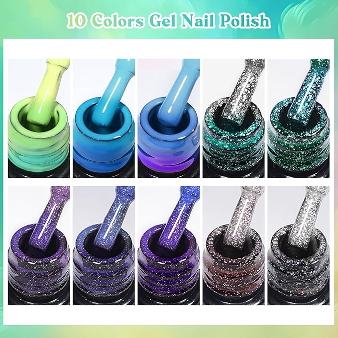 MEET ACROSS 12 PCS Color Changing Gel Nail Polish Kit Glitter Temperature Mood Changing Blue Purple Gray Color Changed Gel Soak Off Nail Art Design Kit Manicure at Home
