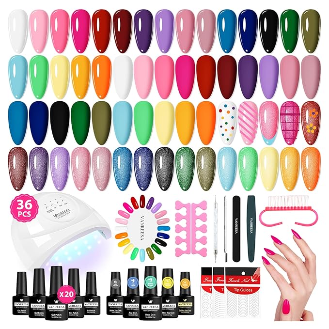 VANREESA Gel Nail Polish Kit with U V Light 36 Pcs Gel Polish Nail Set 20 Must-have Colors Nail Polish Set + Base Coat and 4 Effects Top Coat Manicure Tools Beginners Nail Kit Gifts for Women Girls