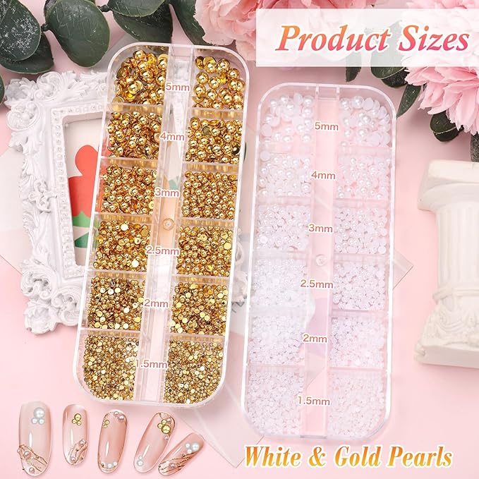 Caviar Beads for Nails, Gold White Pearls Nail Beads Charms, Mix Size Nail Caviar Beads Half Flatback Pearls for Nail, Nail Beads Charms for Nails Design DIY Crafts Accessories