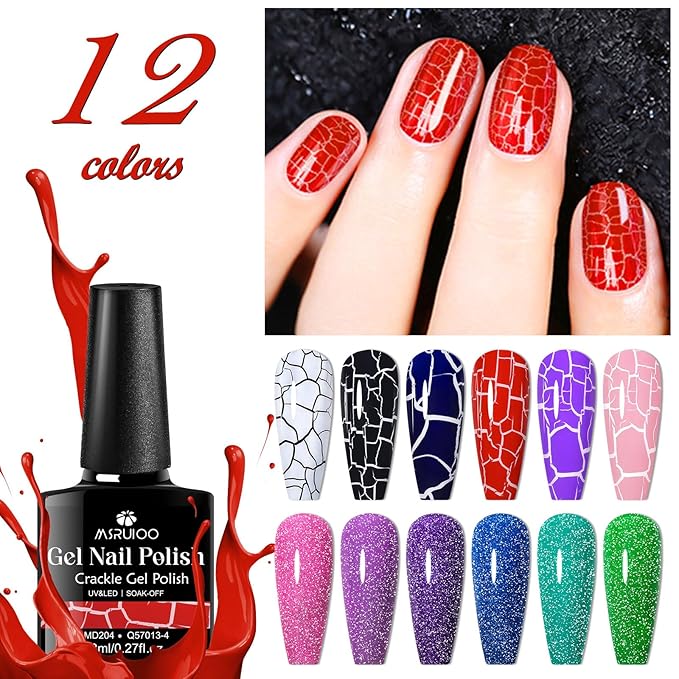 12 Colors Crackle Gel Nail Polish Reflective Glitter Neon Gel Polish Set Pink Blue Soak Off Uv Led Nail Polish Kit 8ml (Cracked Nail Polish + Glitter Gel Polish)