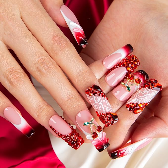 LOVFUL Short French Tip Press on Nails herry Obsession | Handmade Acrylic Press ons| Reusable Fake False Nails | Square Classic Regular 1.3 in | H759-L