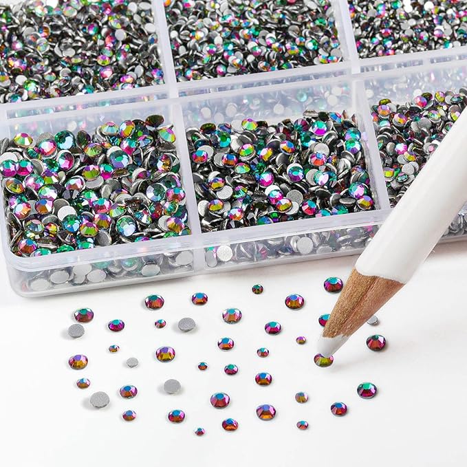 Beadsland 7200pcs Flatback Rhinestones,Green Rhinestone Nail Gems Round Crystal Rhinestones for Crafts,Mixed 6 Sizes with Wax Pencil Kit, SS3-SS10,Green Volcano